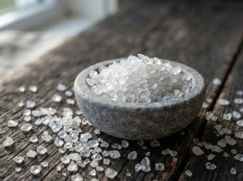 Coarse Sea Salt Crystals in Stone Bowl