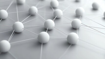Fototapeta premium Minimalist white spheres connected by thin rods forming an abstract network on a smooth grey surface, evoking calm futuristic precision
