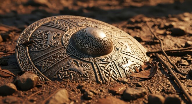 Intricately Designed Ancient Viking Shield Boss on Earthy Ground