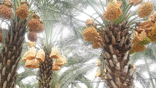 Date palm or Phoenix dactylifera fruits on tree and on natural background.