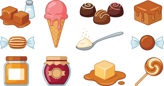Cute cartoon sweet caramel and chocolate desserts elements vector set with candy ice cream and jars