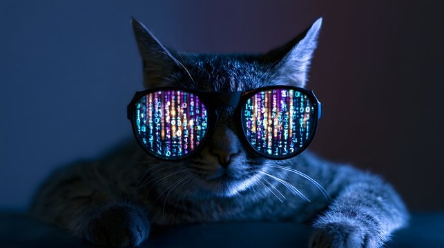 Cyberpunk cat portrait intense gaze futuristic glasses binary code dark moody commercial stock photo