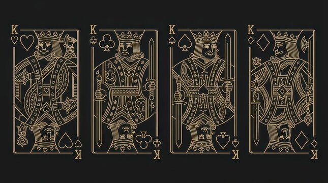 Elegant gold line art king playing cards set featuring hearts clubs spades and diamonds on dark background providing a luxury aesthetic for gambling casino graphics and sophisticated poker design