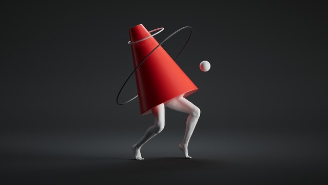 A red cone with human legs dances while a white ball orbits around it against a dark background. 3D illustration of an abstract surreal sculpture or theatrical scene.