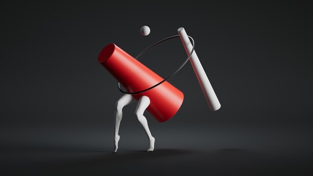 A surreal figure with white legs carries a large red megaphone, swinging a white bat while a small ball orbits above. 3D artwork featuring a surreal abstract sculpture and theatrical atmosphere.