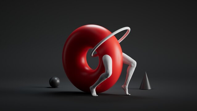 A humanoid figure with white limbs leans against a large red torus, surrounded by geometric shapes on a dark background. 3D illustration of an abstract surreal sculpture or theatrical scene.