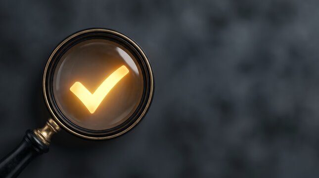 Vintage magnifying glass highlighting a glowing checkmark symbol for verification and quality control inspection