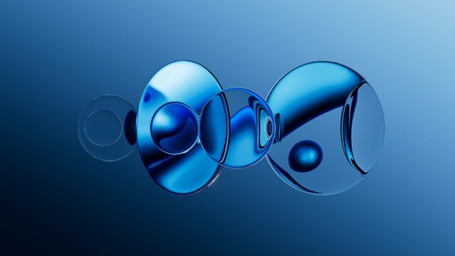 3d rendering of round glass shapes with a reflective surface, arranged in a row, floating on air. Futuristic abstract background featuring blue lenses. Minimalist aesthetic concept