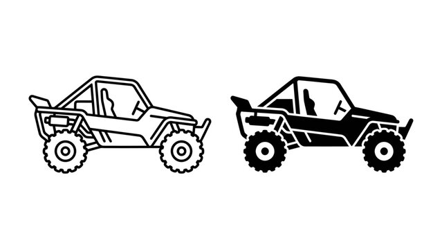 Buggy Car Icon Set: A versatile set of buggy car icons, presented in both outline and solid black, symbolizing adventure and off-road exploration.
