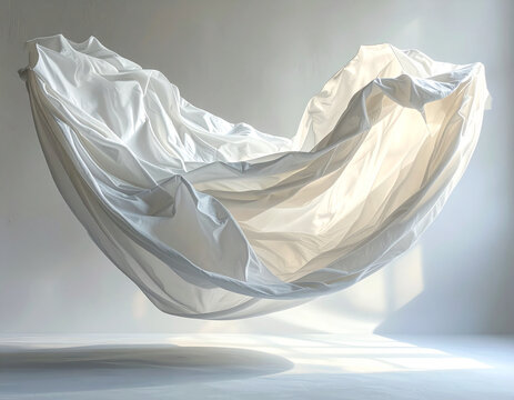White fabric draped and floating in light and shadow