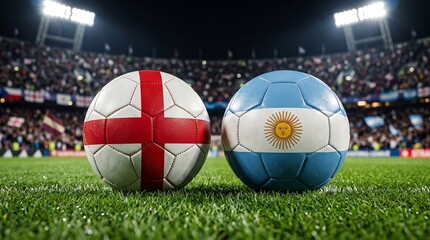 Fototapeta premium Two Soccer Balls with Flags of England and Argentina on Green Pitch in a Packed Stadium at Night