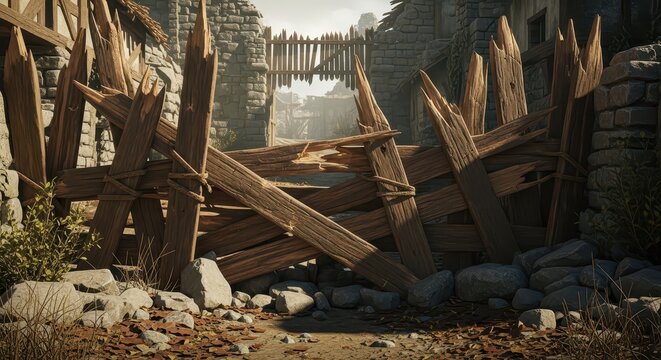 Mutilated Wooden Barricades and Ruined Stone Fortification Entrance