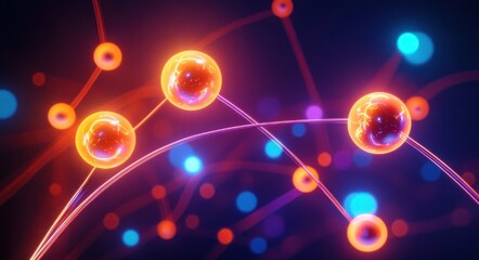 Fototapeta premium Glowing orange spheres connected by neon arcs over a dark background with blue bokeh lights, conveying dynamic, energetic, futuristic motion and interconnected energy flow