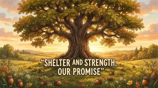 Majestic Ancient Oak Tree Offering Shelter and Strength Amidst Acorns and Golden Sunlight