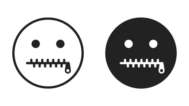 Silent Faces: Two expressive emoji faces, one in white and one in black, wear a zipper over their mouths, symbolizing silence, secrets, or censorship.