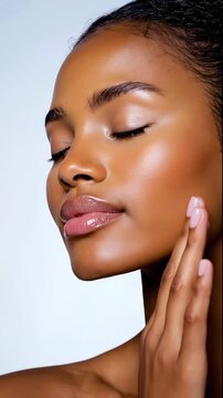 A woman with a beautiful face is smiling. She has a pink lip and her eyes are closed