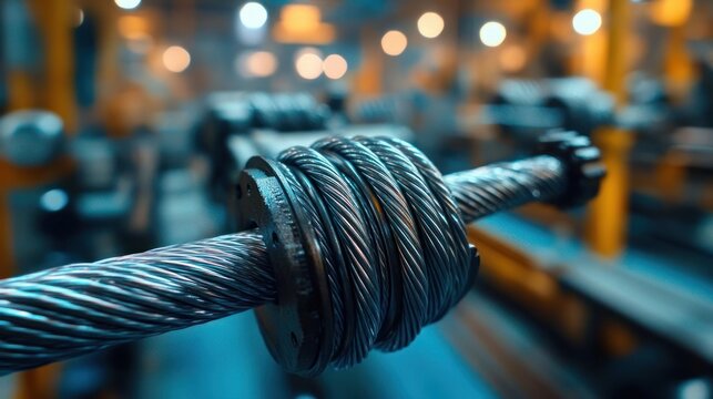Close-up of twisted steel cable wound around a cylindrical drum in a blurred industrial factory, metallic texture and cool blue lighting conveying precision and strength