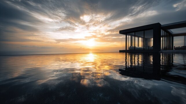 Ultra modern black glass infinity pool seamlessly blending into the ocean horizon at sunset, dramatic golden reflections, contemporary architecture