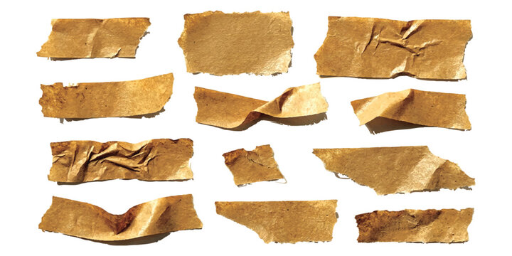 Set of brown paper tape strips and adhesive packaging tape pieces with torn edges