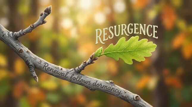 Oak Branch With New Leaf and Text "Renewal follows dormancy"