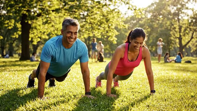 A joyful couple doing push-ups in a sunny park setting.