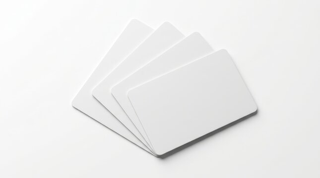 Four Blank White Plastic Cards Fanned Out on a Clean White Background, Minimalist Mockup for Business Card, Gift Card, Credit Card, or Identity Design.