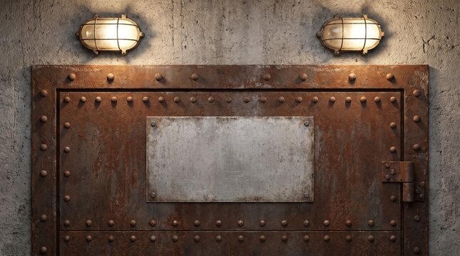 Industrial Rusty Metal Door with Blank Steel Plaque and Vintage Wall Lamps