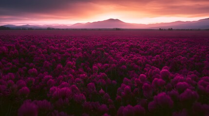 Obraz premium Tranquil magenta clover field meets hazy mountains under a vibrant fiery sunset glow landscape