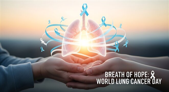 Hands Holding Glowing Lungs With Blue Ribbons For World Lung Cancer Day Breath Of Hope