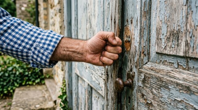 Close-up of a man's hand knocking on a vintage weathered wooden door with peeling paint, wearing a blue checkered shirt, representing arrival, mystery, or visiting someone in a rustic rural setting...