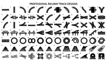 Professional Railway Track Design Set. Railroad Rail Elements and Train Track Vector Collection © Rimu