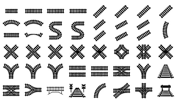 Railway Track Icon Set. Railroad Track Symbols and Train Rail Elements Vector Collection