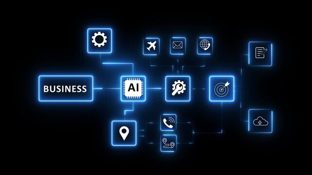 business partners discussing company development strategy in modern office with neon tool box animated.