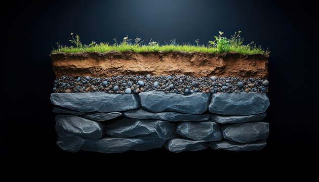 Illuminated cross-section of earth showing grass and small plants, topsoil, pebble layer and layered bedrock strata, a calm contemplative view of underground layers