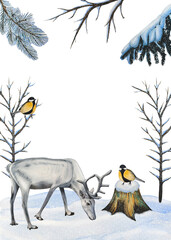 Hand drawn horizontal frame featuring a deer, great tits and snow covered fir trees. Watercolor illustration. © Diasha Art