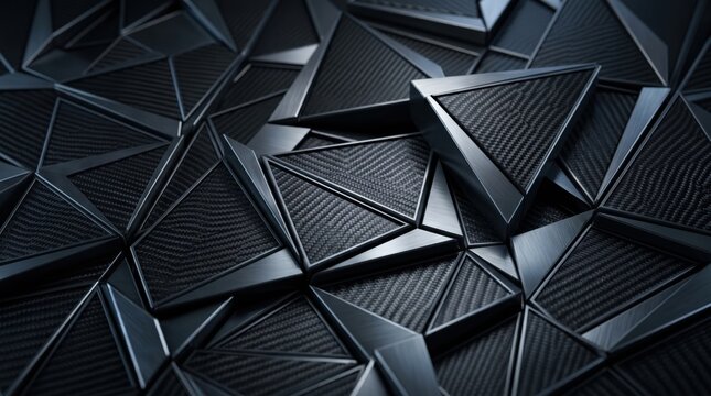 Futuristic black carbon fiber triangles, abstract geometric 3d texture background, dark metallic triangular pattern for gaming and technology design