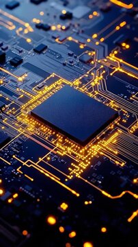 A close up of a computer chip with a yellow glow. Concept of technology and innovation