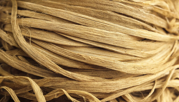 Extreme close up of a bundle of natural brown raffia fibers tied together in a thick coil showing texture and organic plant details