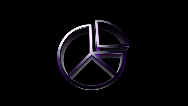 Shiny 3d metallic pie chart icon with glowing edges on a dark black background 3D Icon