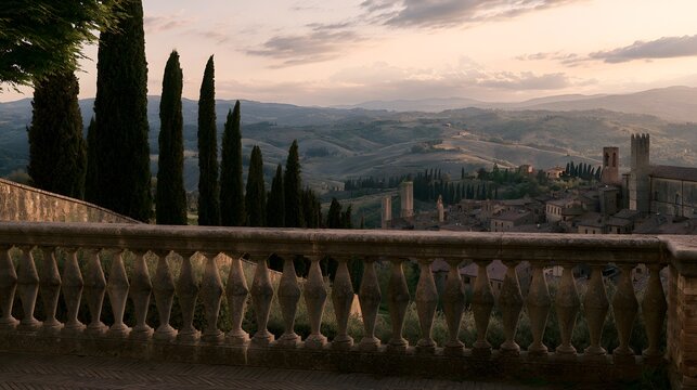 Tuscan golden hour landscape serene stone balustrade medieval town rolling hills warm light evokes timeless beauty