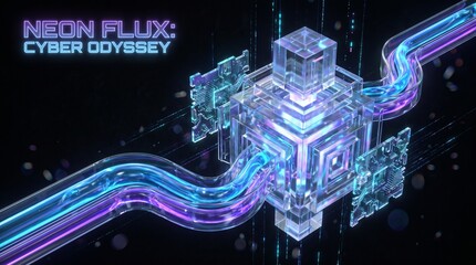 Futuristic Glass Cube with Neon Data Streams and Circuit Boards © mdnazirhossain