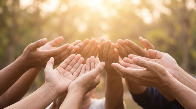 People join hands outdoors in a symbol of unity and support under sunny conditions.
