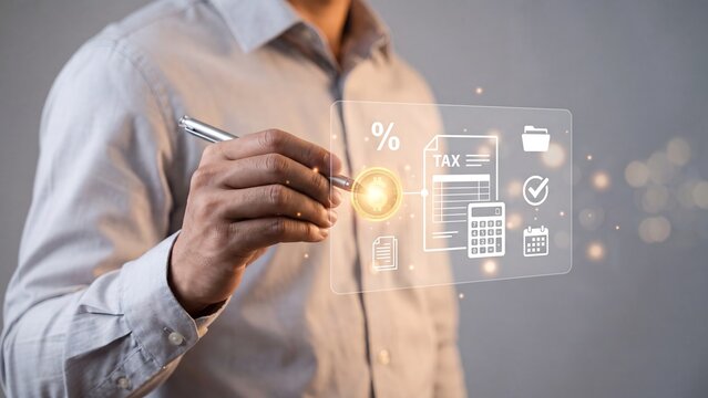 Tax filing and payment calculation, man with pen touching coin and tax form with calculator, percent, folder and calendar icons, income tax return, deduction accounting and deadline preparation