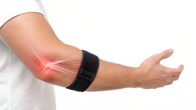 Tennis elbow lateral epicondylitis medical illustration showing inflamed elbow tendon and lateral epicondyle pain on white background for healthcare, patient education, and orthopedic communication
