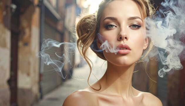 Woman exhaling smoke in an old European alleyway