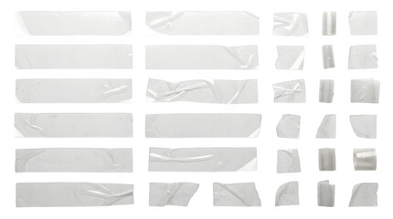 Fototapeta premium Various pieces of realistic clear adhesive tape strips with wrinkled texture and glossy finish arranged neatly on transparent background