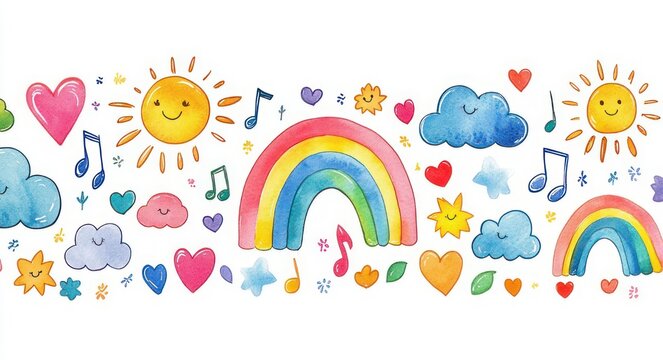 cheerful hand-painted watercolor border with smiling suns, rainbows, blue clouds, hearts, stars, musical notes, flowers and leaves, playful colorful kids pattern