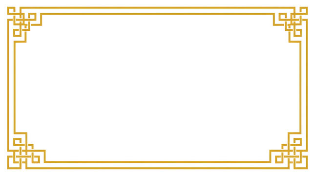 Elegant rectangular golden frame featuring intricate chinese style geometric patterns and traditional linear border design elements presented on transparent background