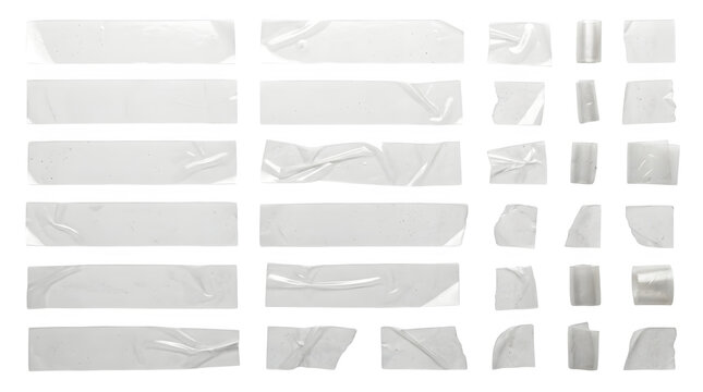 Various pieces of realistic clear adhesive tape strips with wrinkled texture and glossy finish arranged neatly on transparent background