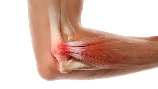 Tennis elbow lateral epicondylitis medical illustration showing inflamed elbow tendon and lateral epicondyle pain on white background for healthcare, patient education, and orthopedic communication